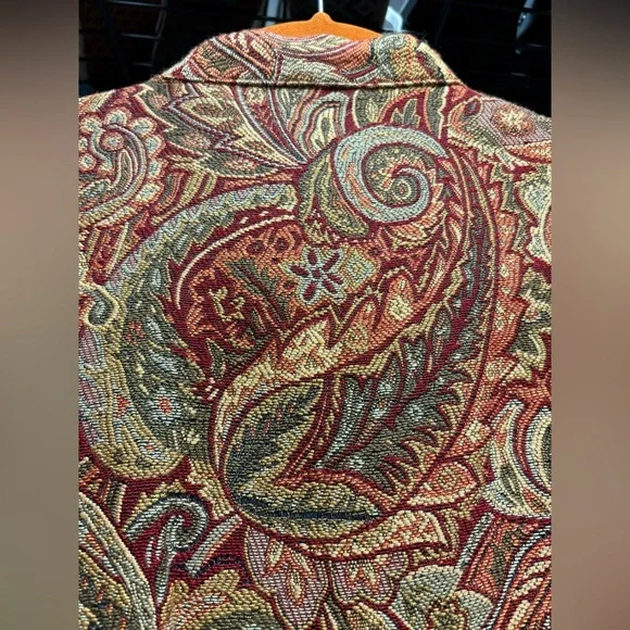 Vintage tapestry jacket with drawstring neckline and ornate wooden buttons - Picture 15 of 17